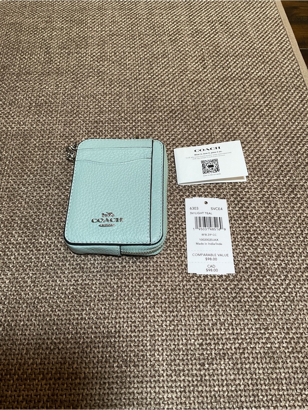 Coach Zip Card Case - Soft Light Teal Pebbled Leather - Silver Chain Strap NWT
